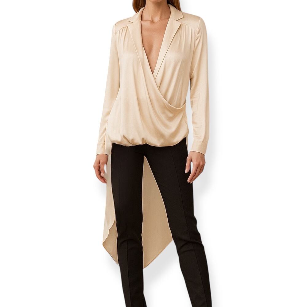 Vertigo Size S High Low Drapeβ Blouse Cream 100% Silk Flowy Coastal Lagenlook